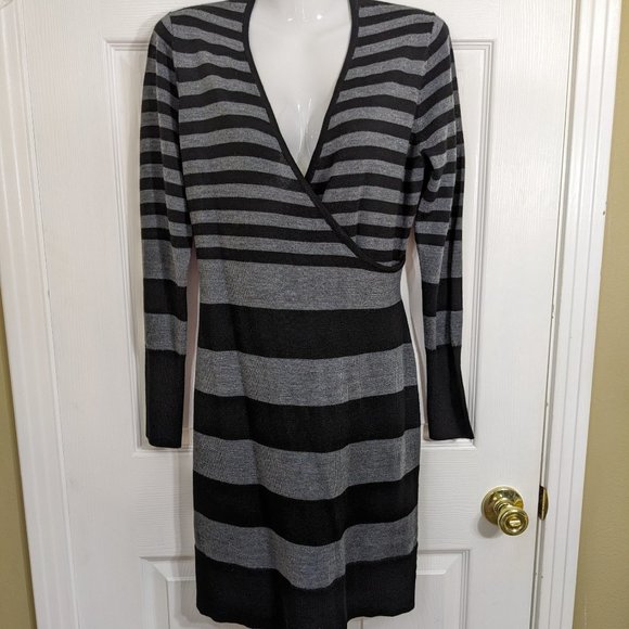 NWT LOFT Black and Gray Striped Midi Sweater Dress-MP - Picture 1 of 10